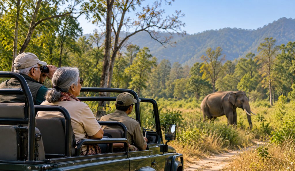 Safari Jeep Watching a Wild Elephant